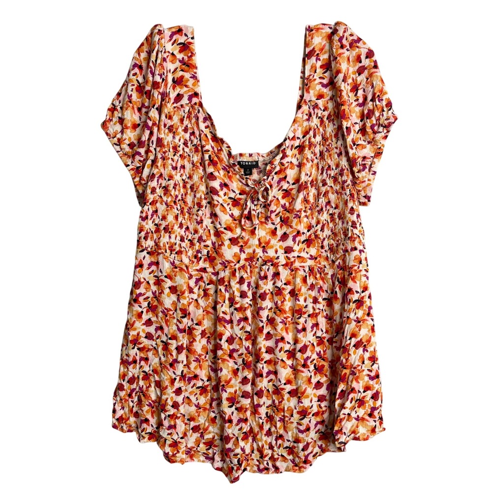 Torrid Babydoll Crinkle Gauze Smocked Back Puff Sleeve Top Womens 2X Floral Pink